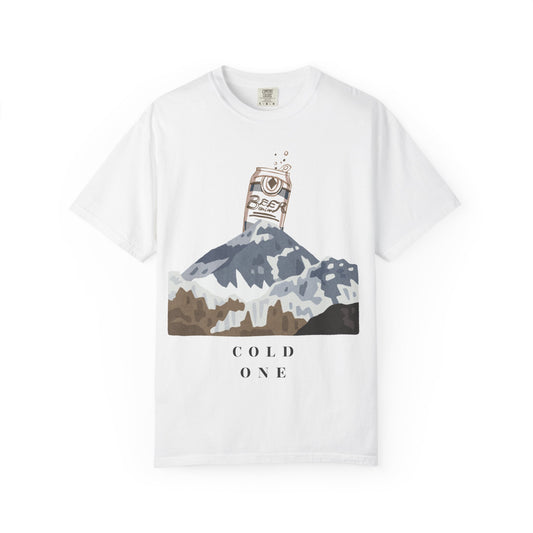 White t-shirt with mountain graphic and 'Cold One' text on a white background