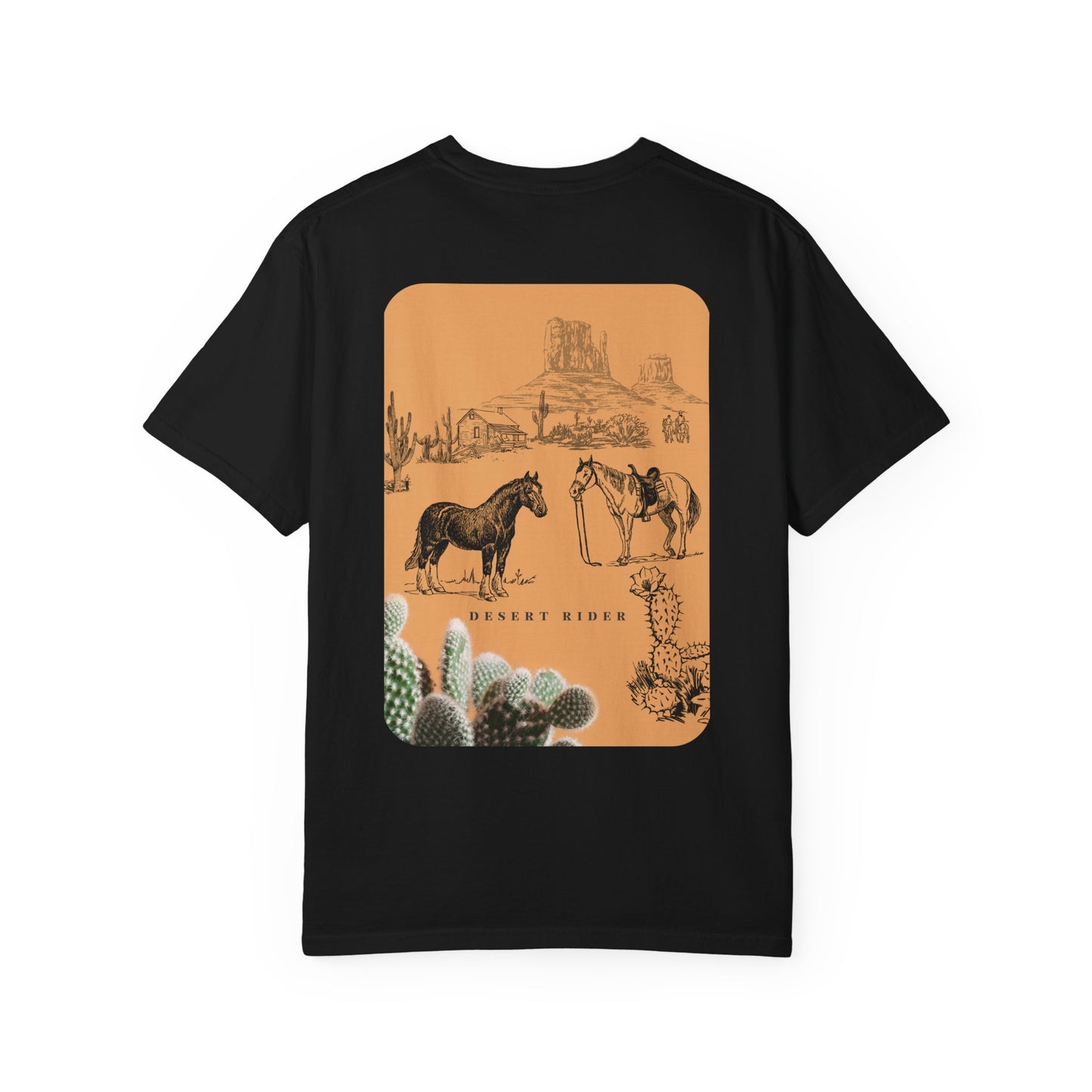 Black t-shirt with a desert-themed graphic on a white background