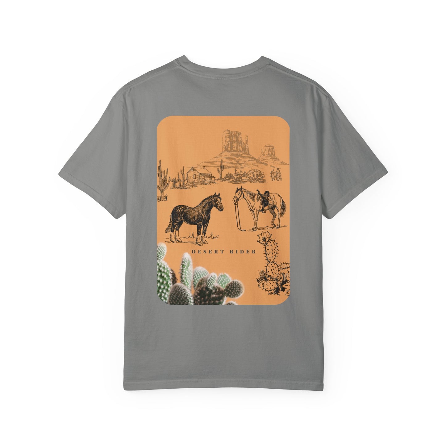 Gray t-shirt with a desert-themed graphic on the back featuring horses and cacti.