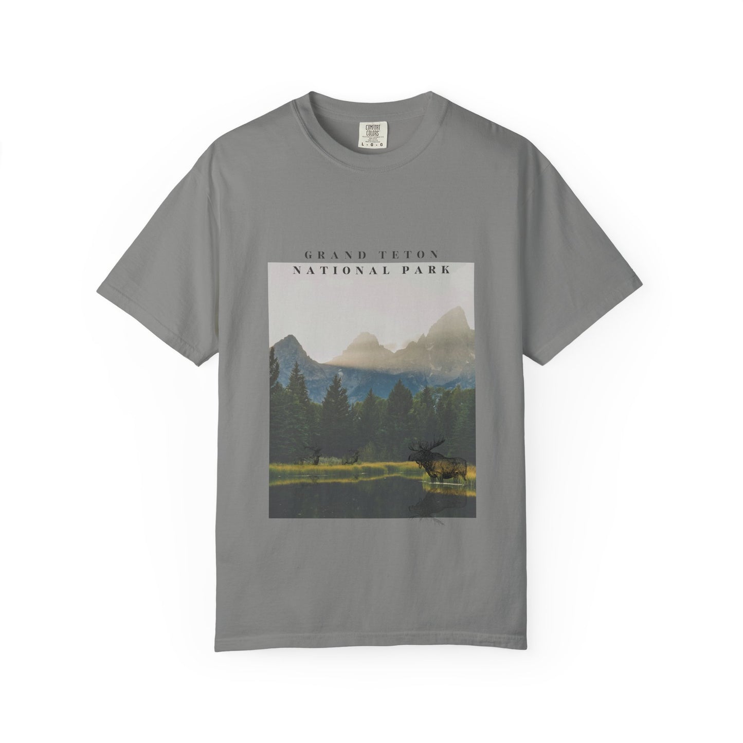 Gray t-shirt with Grand Teton National Park graphic on a white background