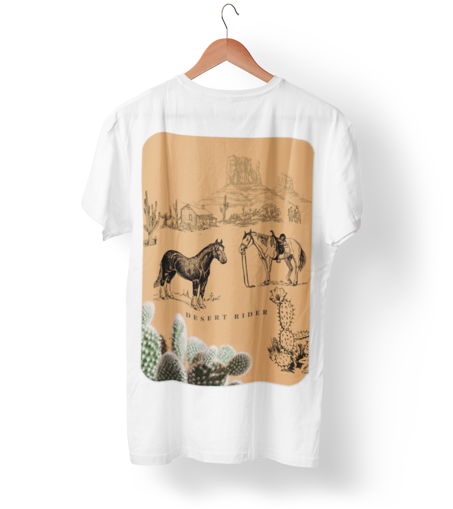 White t-shirt with a desert-themed graphic on a hanger against a white background