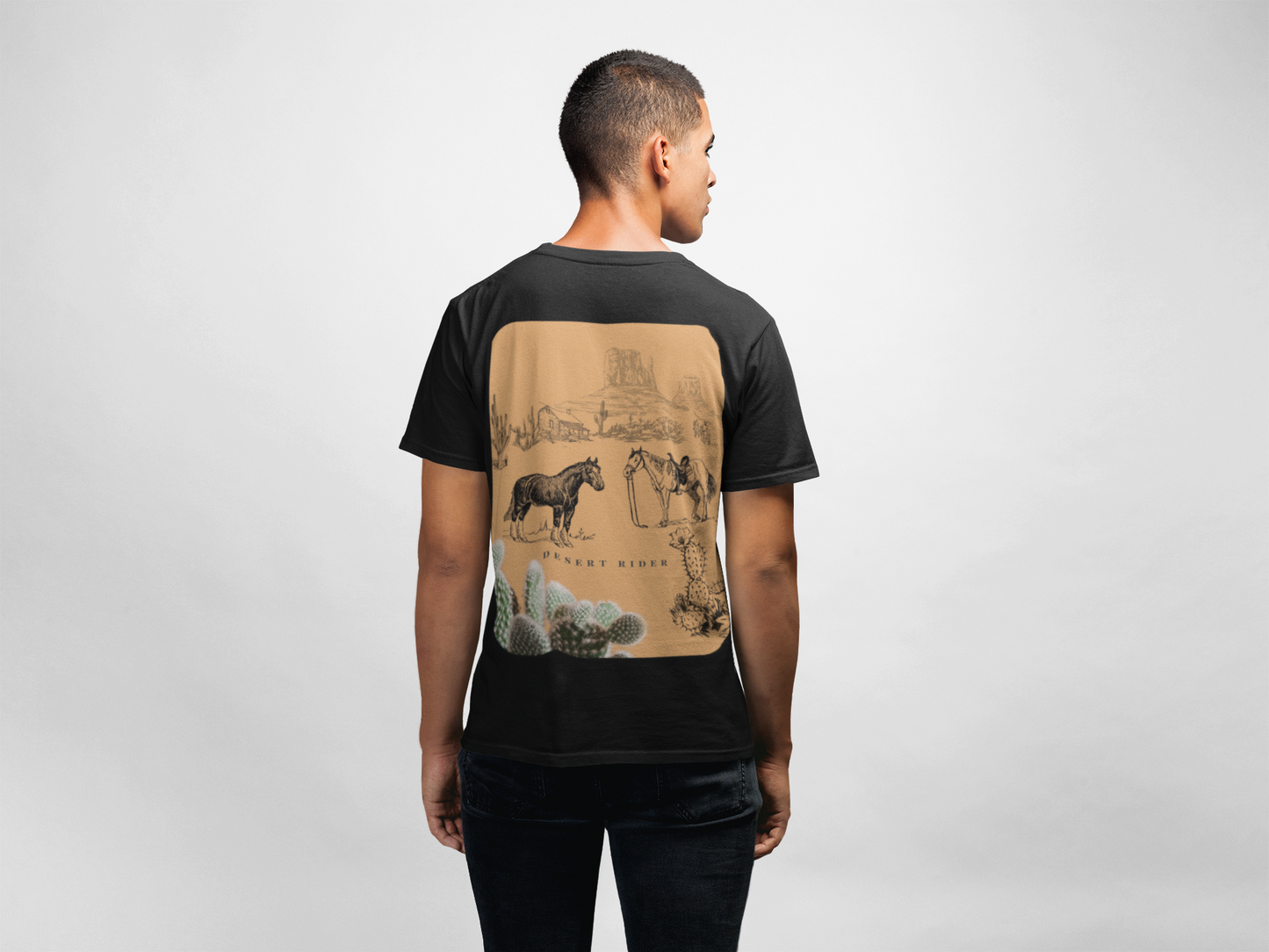 Man wearing a black t-shirt with a graphic design on the back against a white background