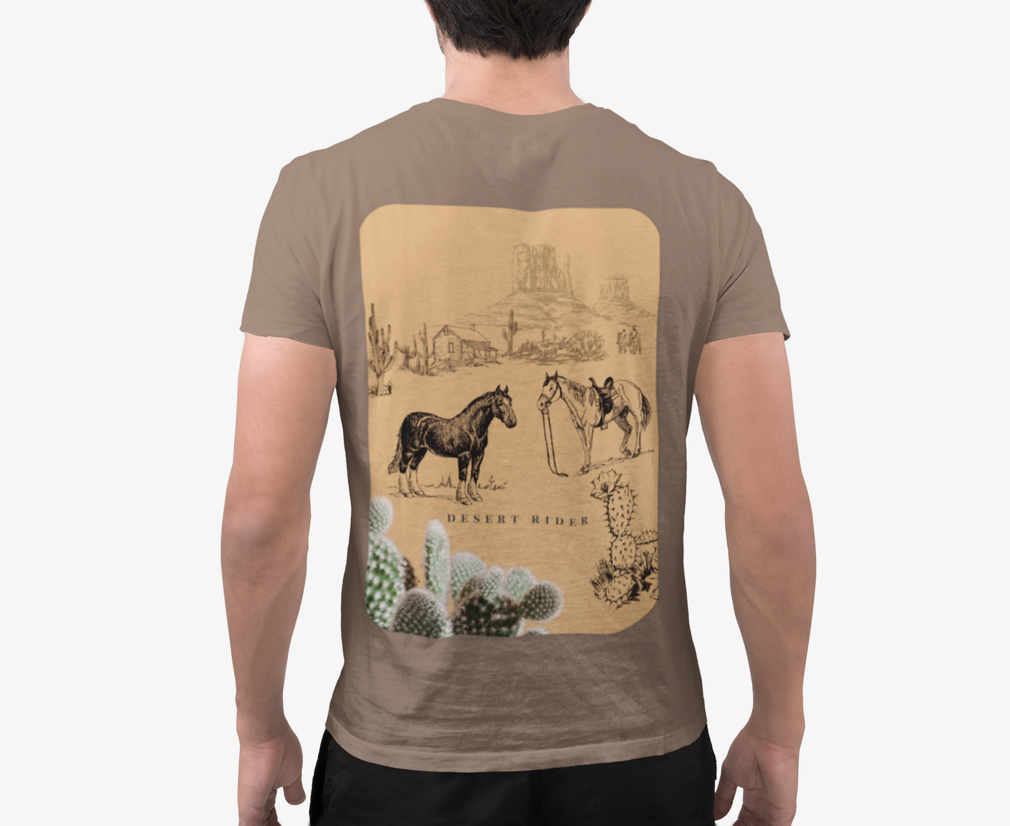Person wearing a brown t-shirt with a desert-themed graphic on the back
