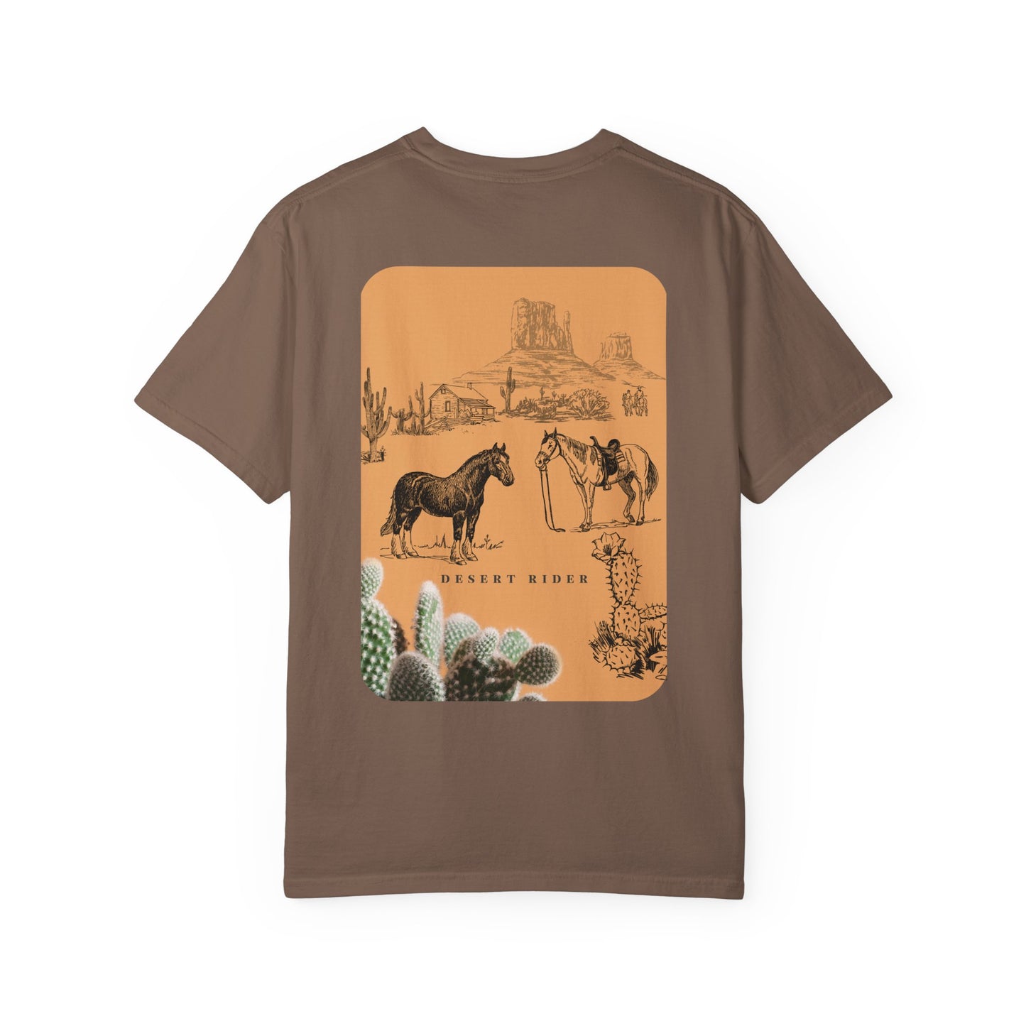 Brown t-shirt with desert-themed graphic on a white background