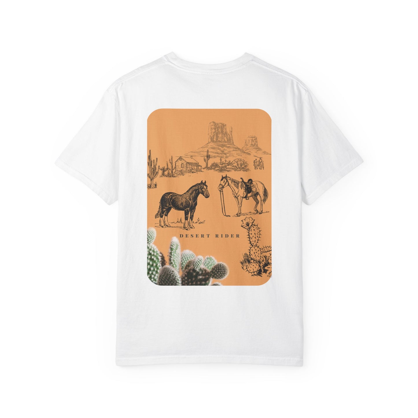 White t-shirt with a desert-themed graphic on the back featuring horses, cacti, and a sunset.