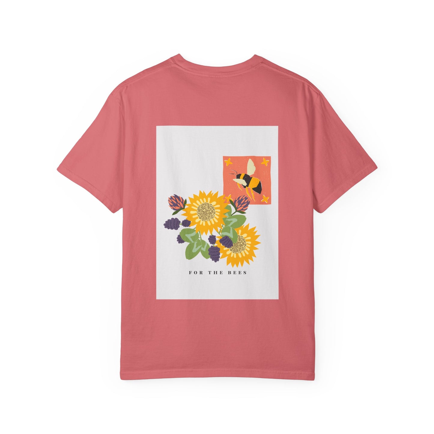 Pink t-shirt with a floral design and text on the back against a white background