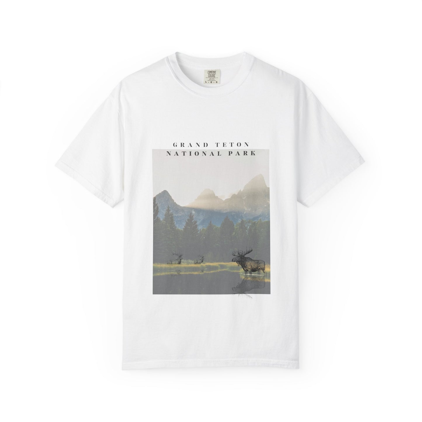 White t-shirt with Grand Teton National Park graphic on a white background