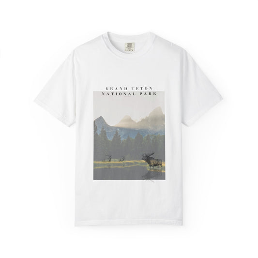 White t-shirt with Grand Teton National Park graphic on a white background