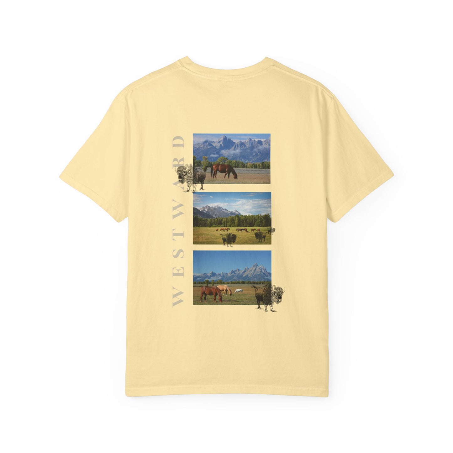 Yellow t-shirt with nature-themed graphic and 'WESTWARD' text on a white background