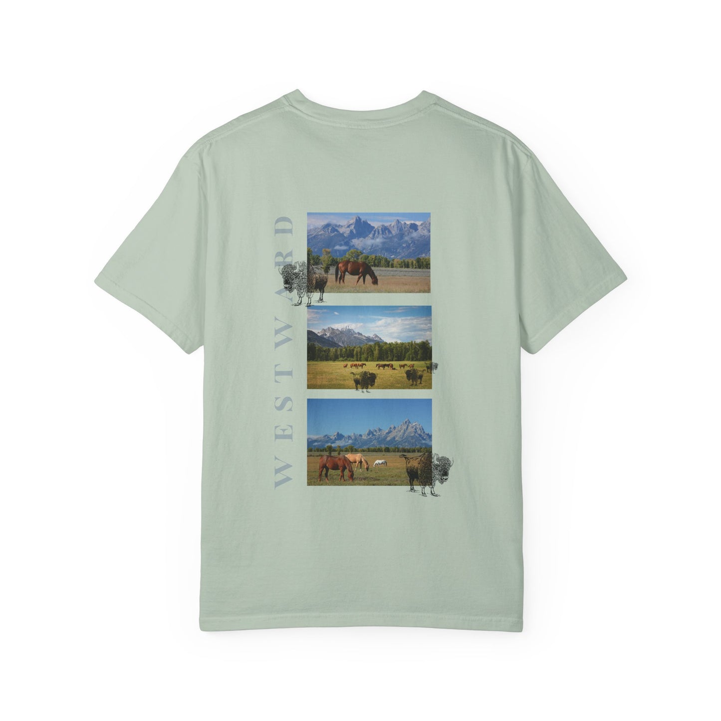 Light green t-shirt with nature-themed graphic and 'Westward' text on a white background