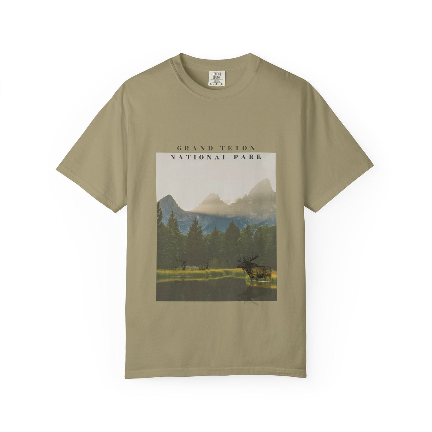 Khaki t-shirt with Grand Teton National Park graphic on a white background