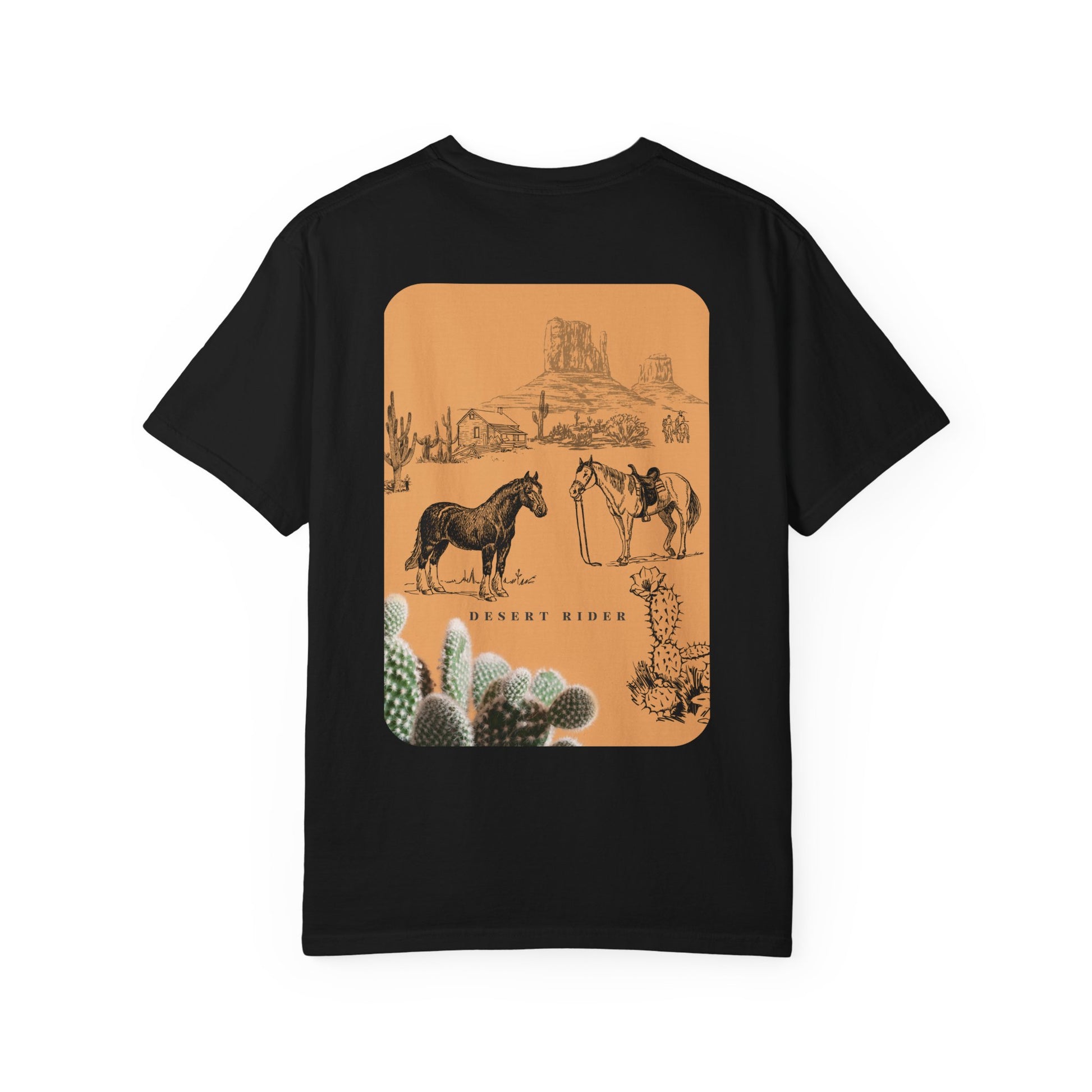 Black t-shirt with a desert-themed graphic on a white background