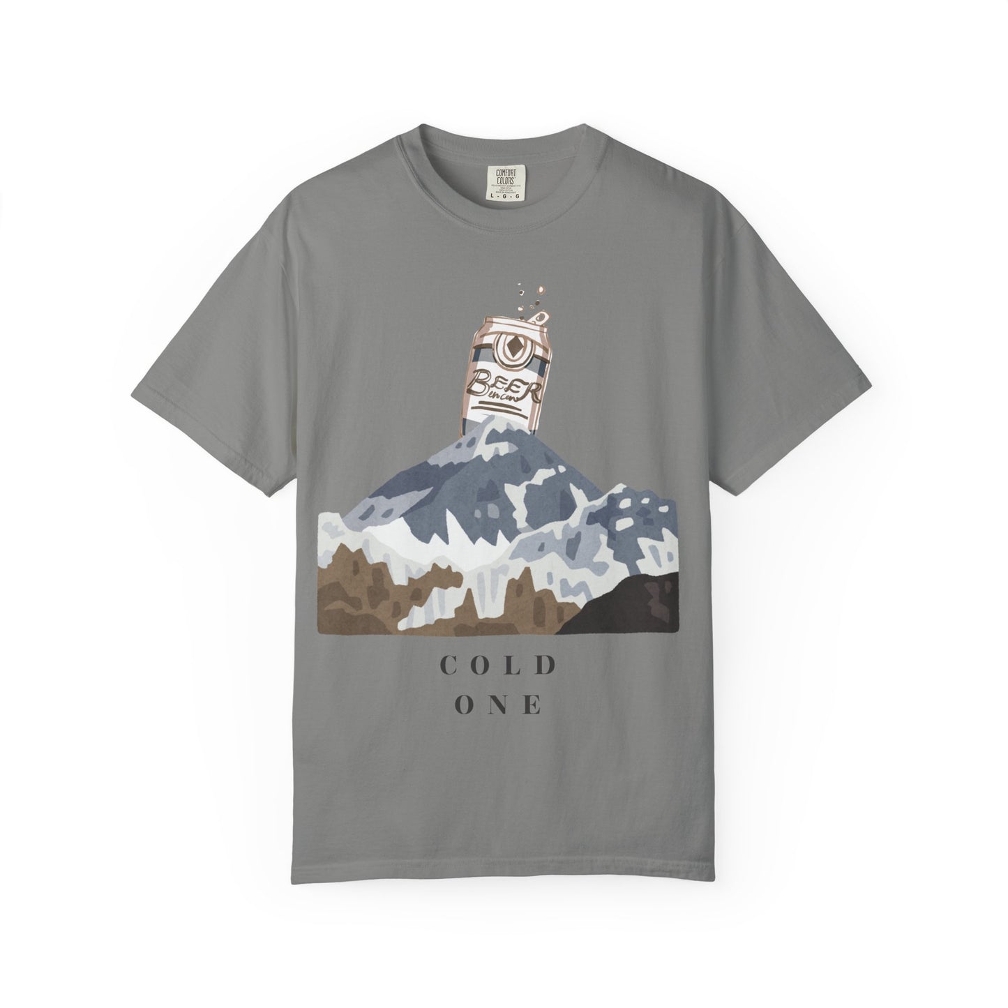 Gray t-shirt with mountain graphic and 'Cold One' text on a white background