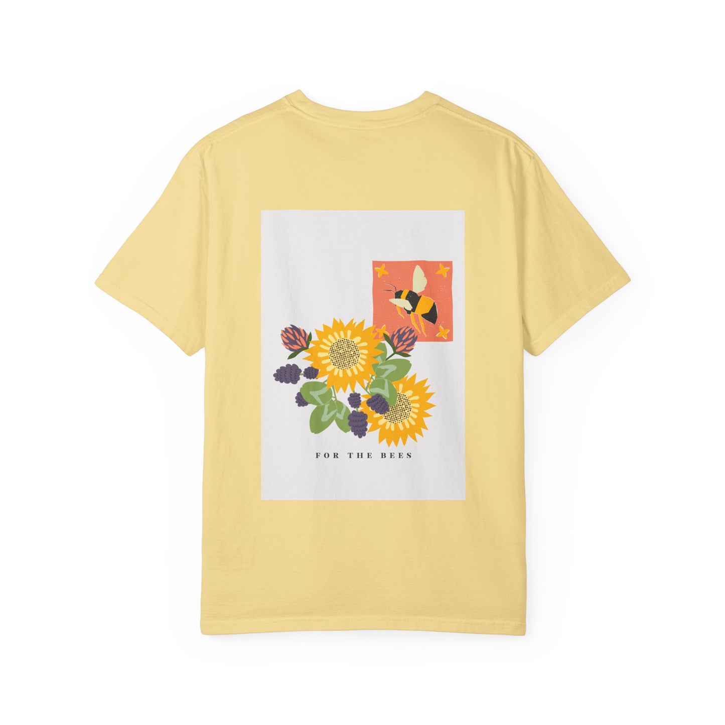 Yellow t-shirt with floral and bee design on a white background