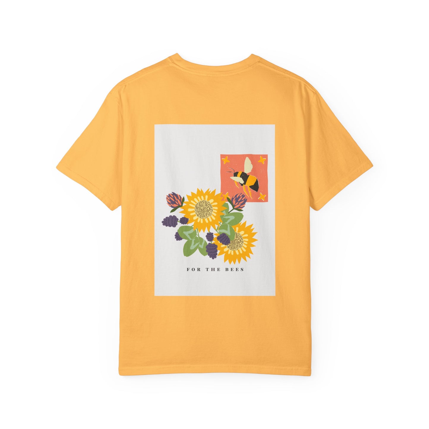 Yellow t-shirt with a floral design and bee on the back, on a white background