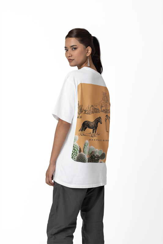 Person wearing a white t-shirt with a graphic design on the back, featuring a horse and cacti.