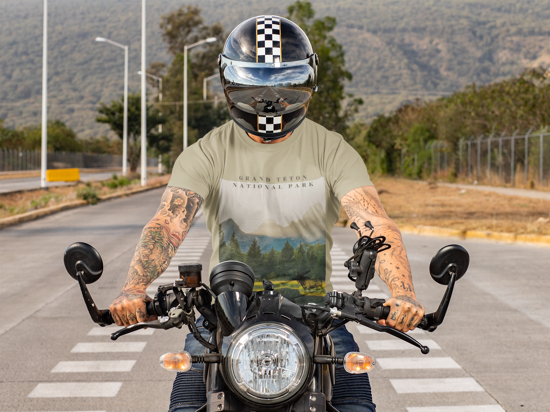 Person riding a motorcycle on a road with a scenic background