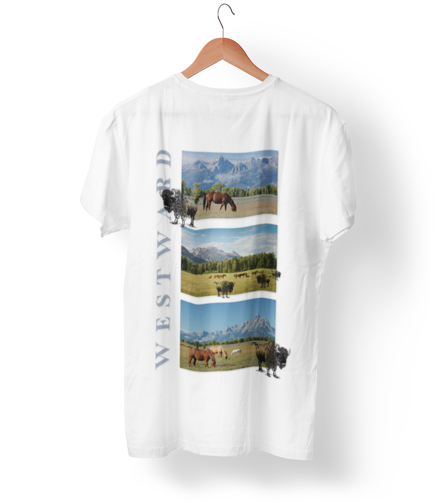 White t-shirt with a graphic design of landscapes and animals on a hanger against a white background