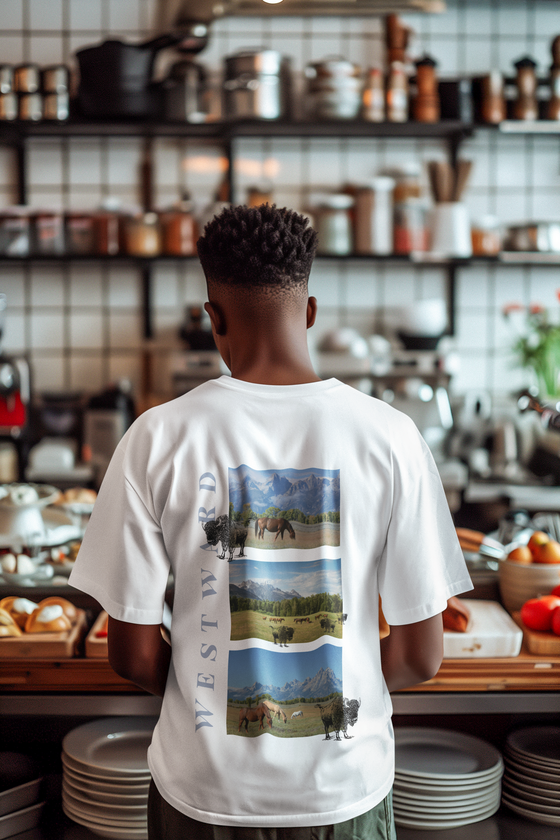 Person wearing a white t-shirt with a scenic graphic in a kitchen setting