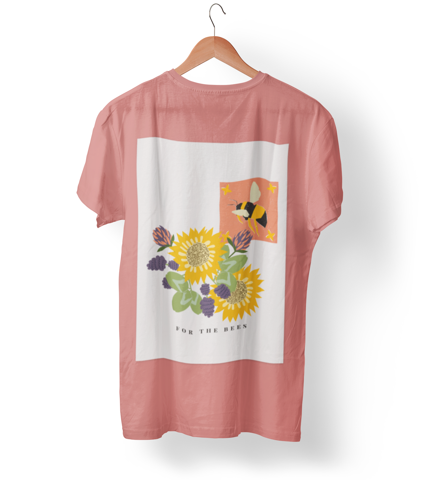 Pink t-shirt on a hanger with floral design on a white background