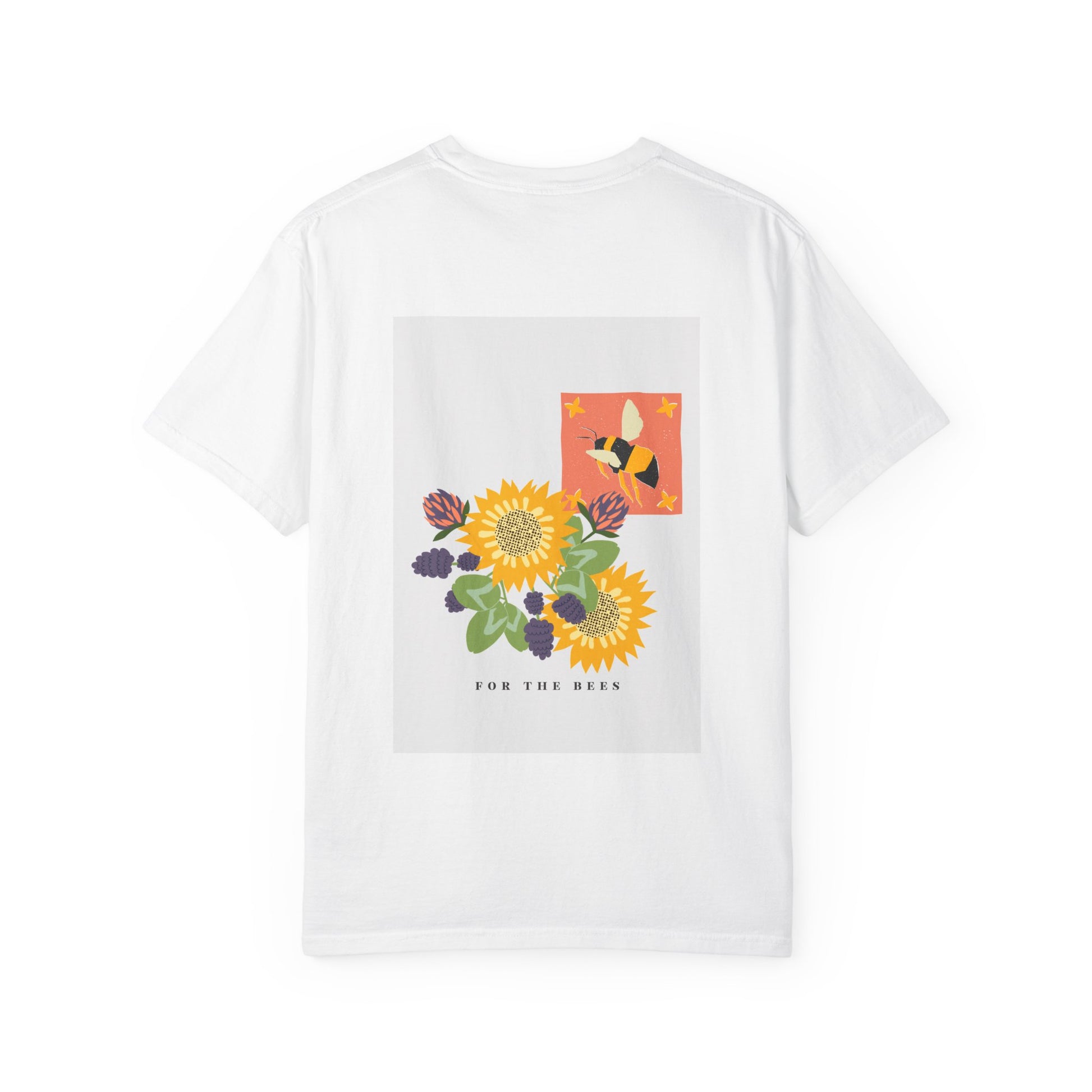 White t-shirt with floral design and text on a white background