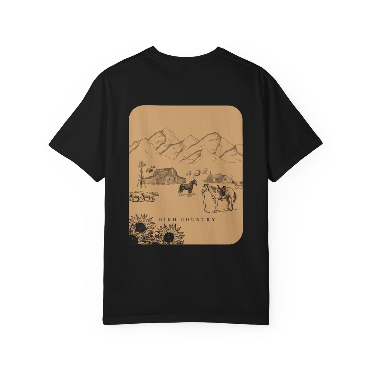 Black t-shirt with a 'High Country' graphic on a white background
