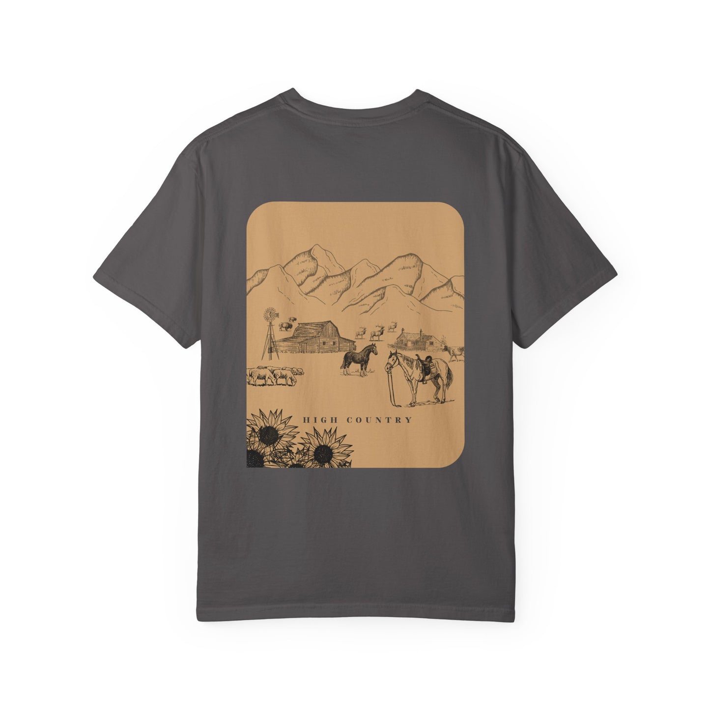 Gray t-shirt with a graphic of a cowboy and horse on the back, set against a white background.