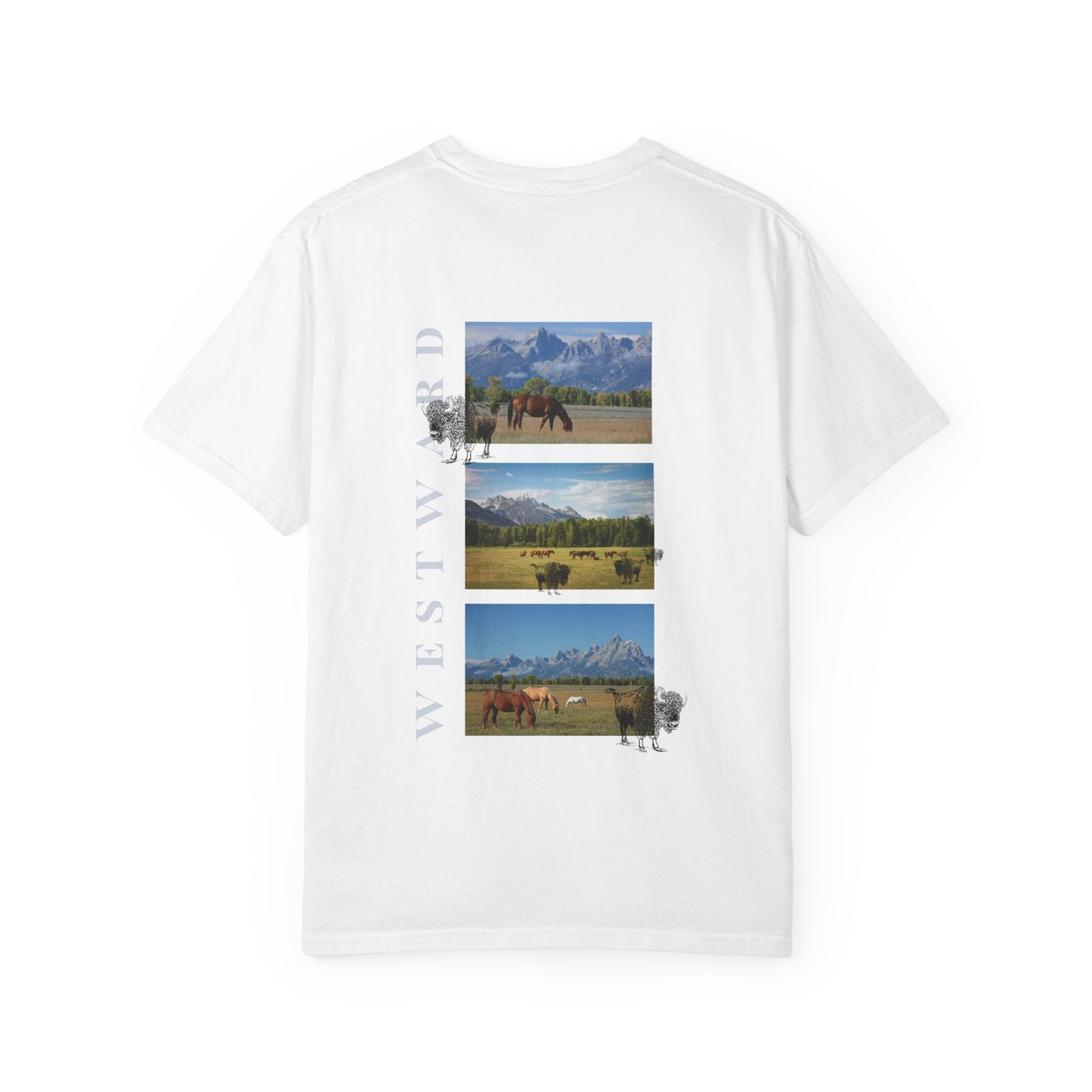 White t-shirt with a graphic of horses and mountains on a white background
