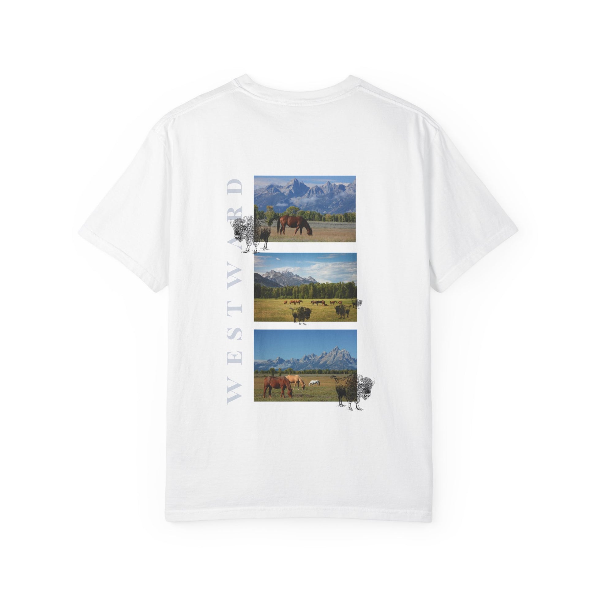 White t-shirt with a graphic of horses and mountains on a white background