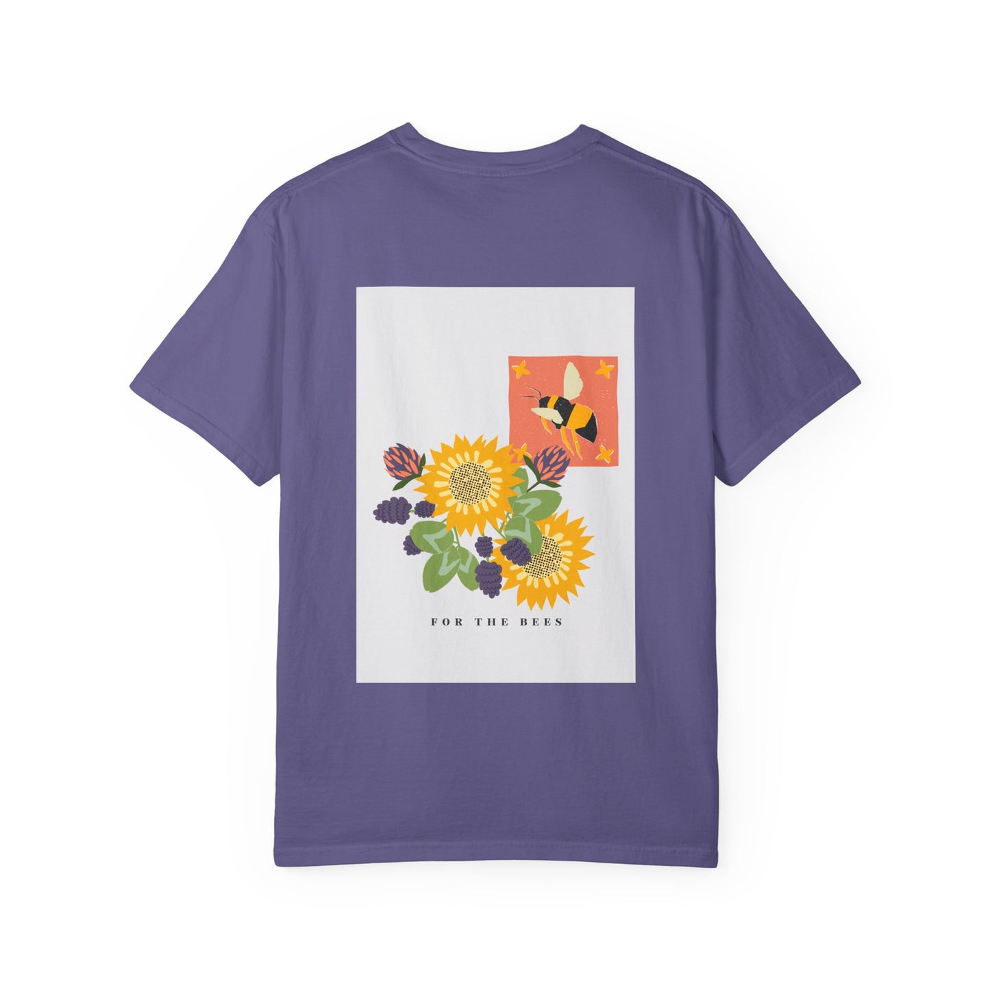 Purple t-shirt with floral design and text on a white background