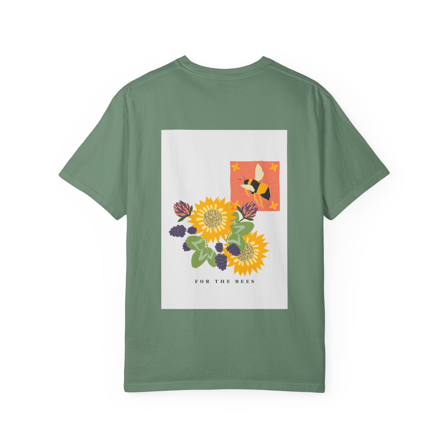 Green t-shirt with floral and bee design on a white background