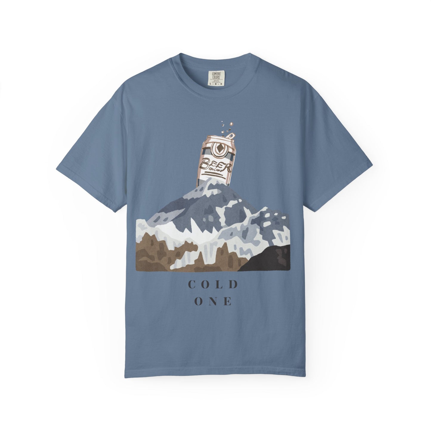 Blue t-shirt with a graphic design of a mountain and 'Cold One' text on a white background
