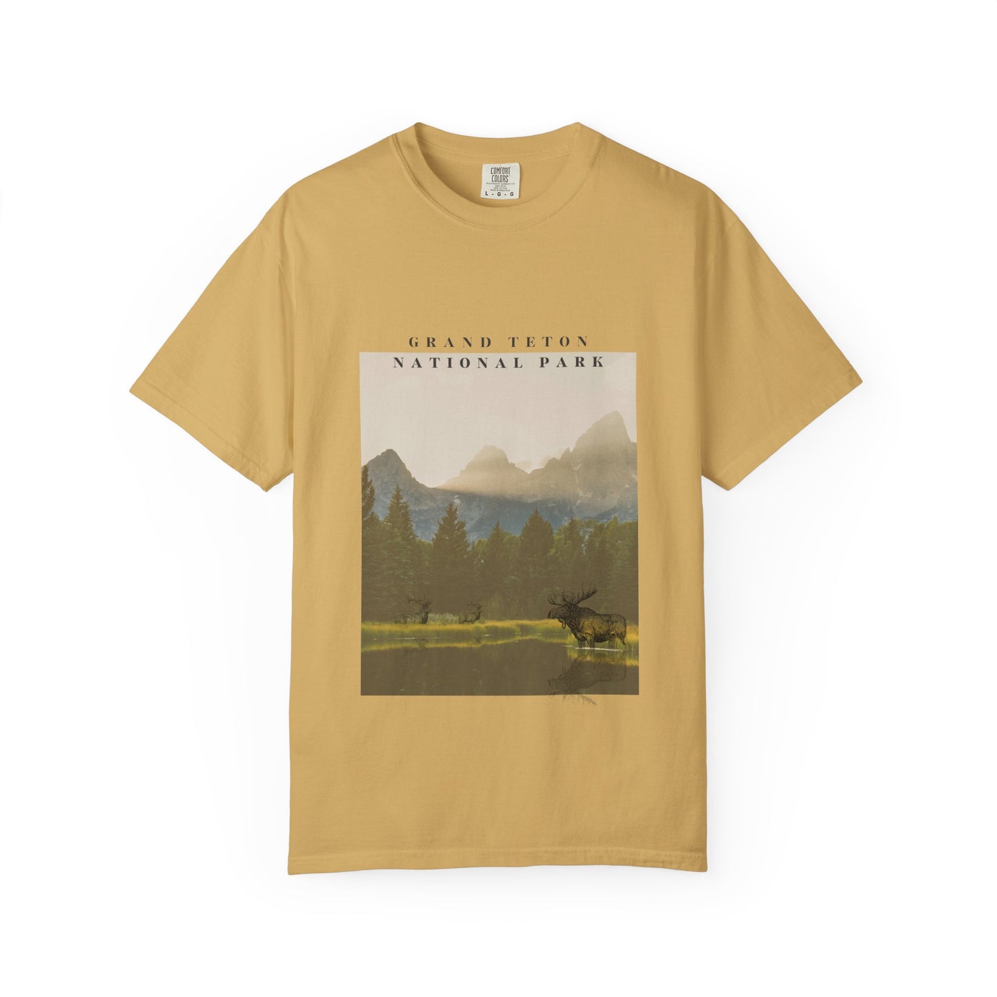 Yellow t-shirt with Grand Teton National Park graphic on a white background