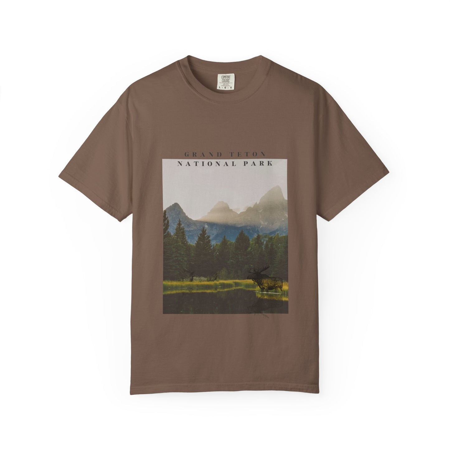 Brown t-shirt with a graphic of Grand Teton National Park on a white background