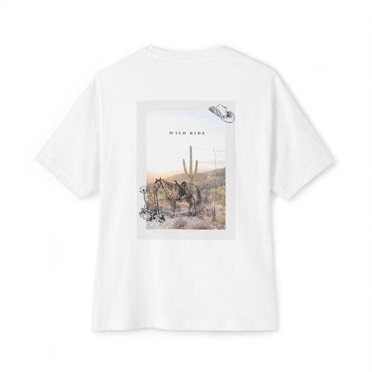 White t-shirt with a graphic of a desert scene and 'Wild Ride' text on a white background